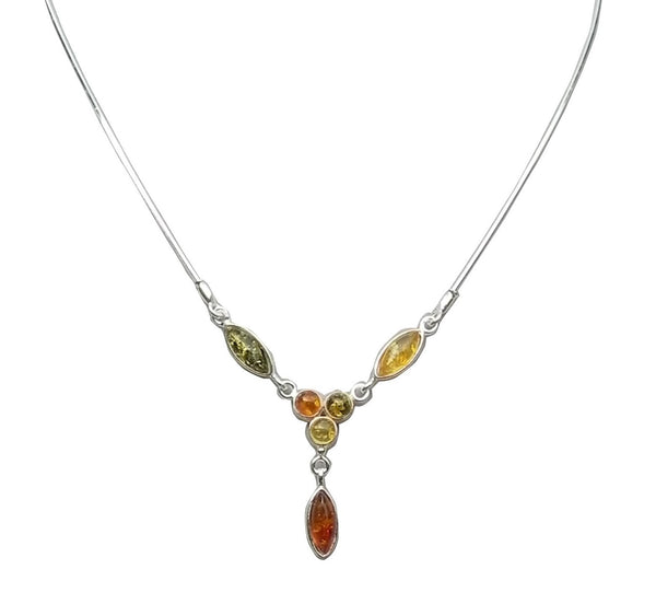 Genuine Baltic Amber Necklace - Multi Color Amber Oval and Round Stones - 925...