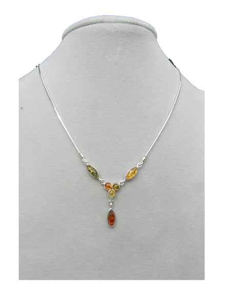 Genuine Baltic Amber Necklace - Multi Color Amber Oval and Round Stones - 925...
