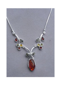 Genuine Baltic Amber Necklace - Multi Color Amber Leaf and Oval Amber - 925 S...