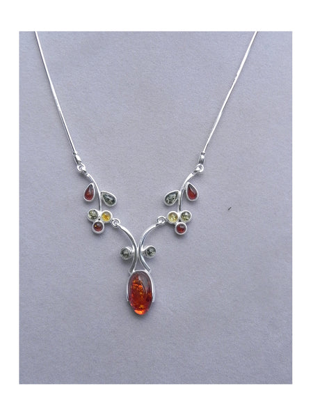 Genuine Baltic Amber Necklace - Multi Color Amber Leaf and Oval Amber - 925 S...