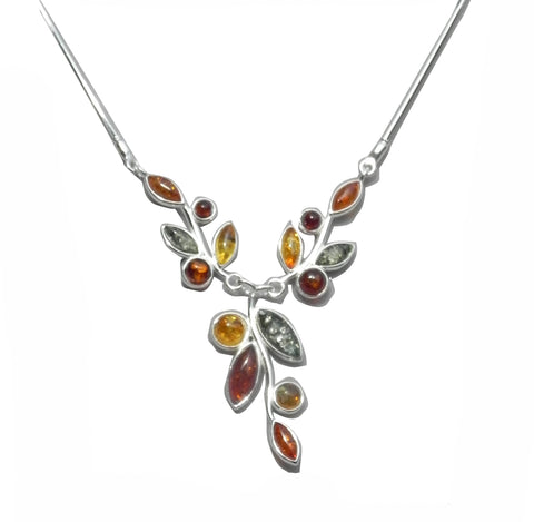 Genuine Baltic Amber Necklace - Multi Color Amber Flowery Pattern - 925 Sterl...