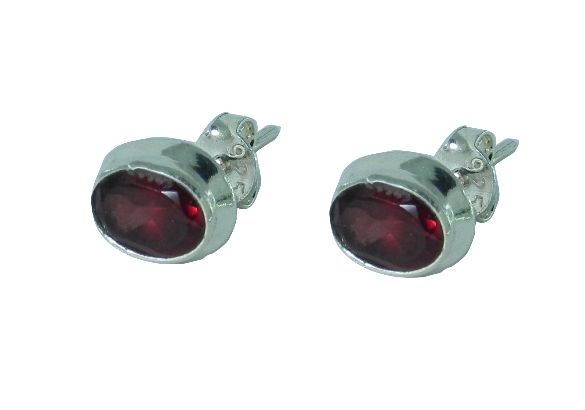 Garnet Oval Stud Earrings - Sterling Silver