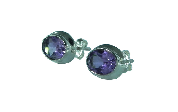 Amethyst Oval Stud Earrings - Sterling Silver