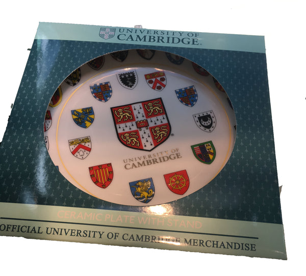 Cambridge University Ceramic Plate - 10cm Official  with stand and gift box - Displays Cambridge University Shield and all 31 College shields - 10cm