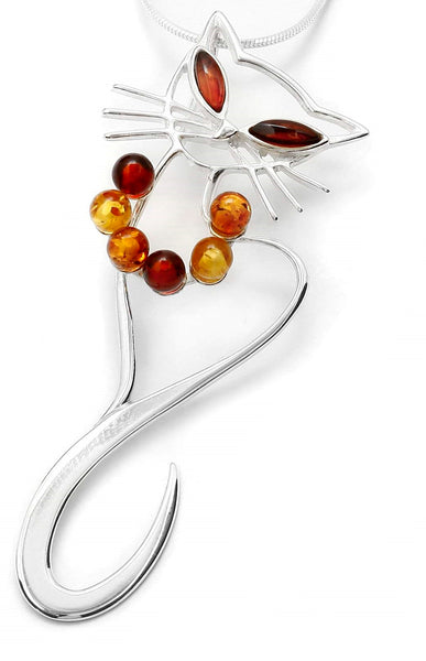 Genuine Baltic Amber Cat Pendent - 925 Sterling Silver