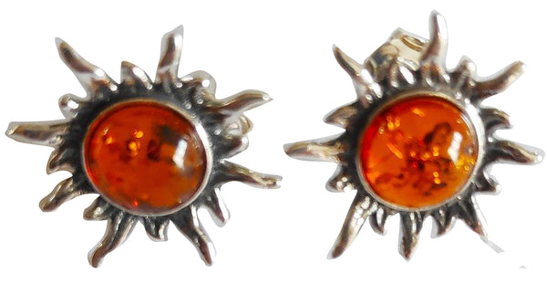 Genuine Baltic Amber - Sun Earrings - 925 Sterling Silver