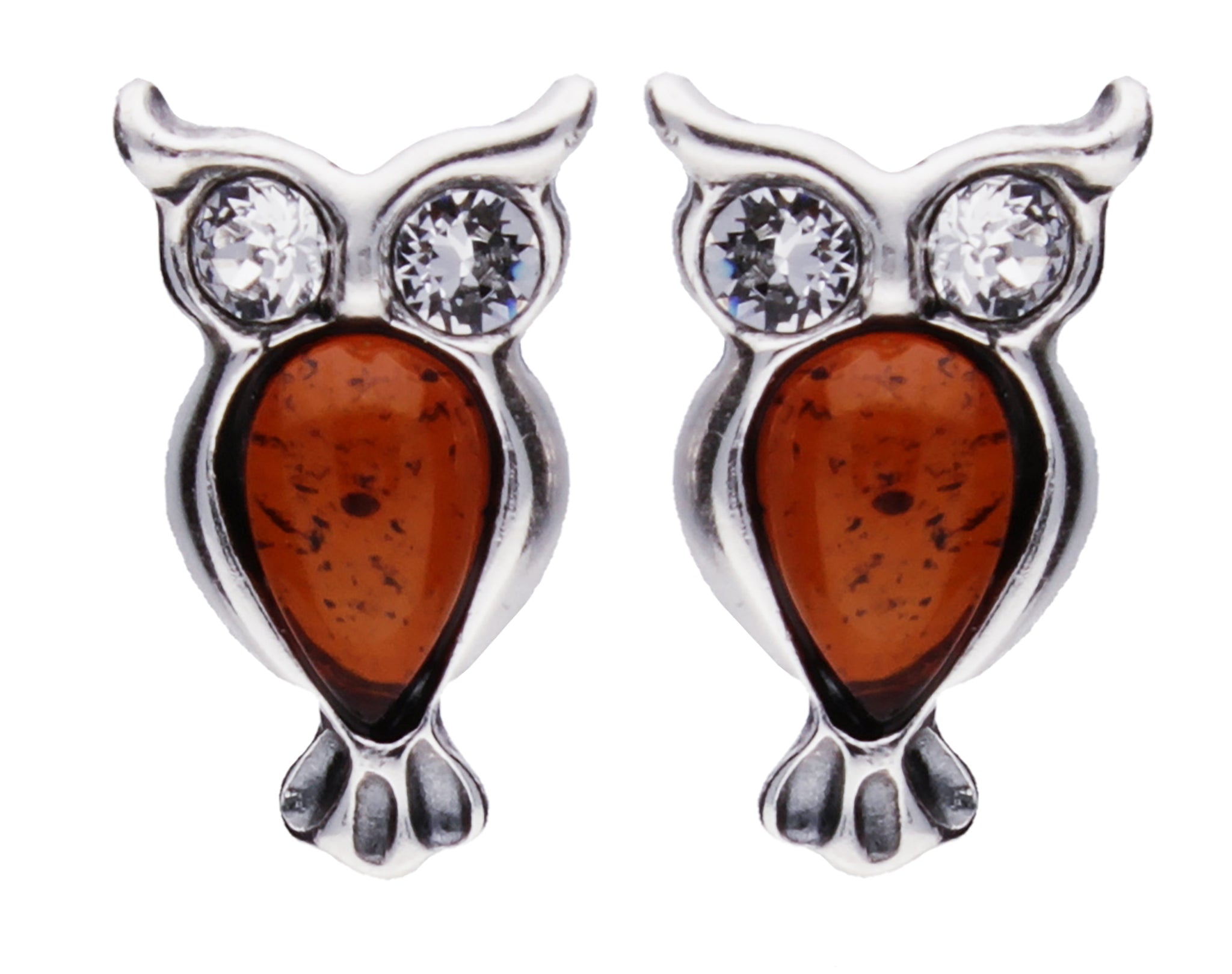 Genuine Baltic Amber - Owl earrings - 925 Sterling Silver