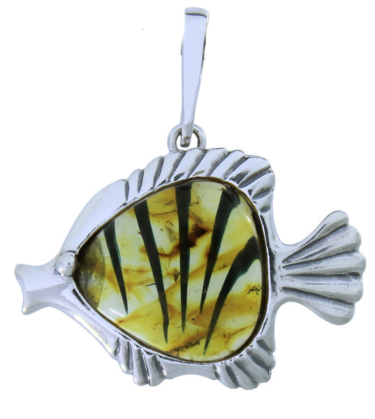 Genuine Baltic Amber - Fish Pendant - 925 Sterling Silver