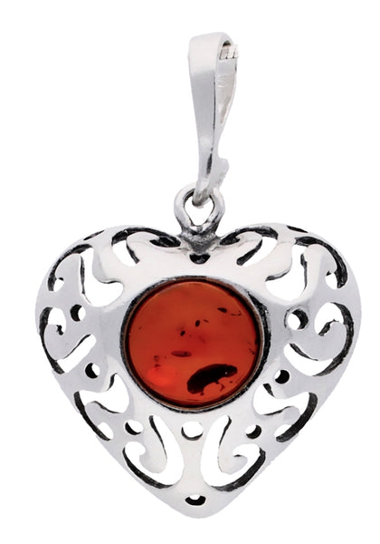 Genuine Baltic Amber - Heart Pendent - 925 Sterling Silver