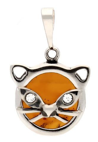 Genuine Baltic Amber Cat Kitten Pendent - 925 Sterling Silver