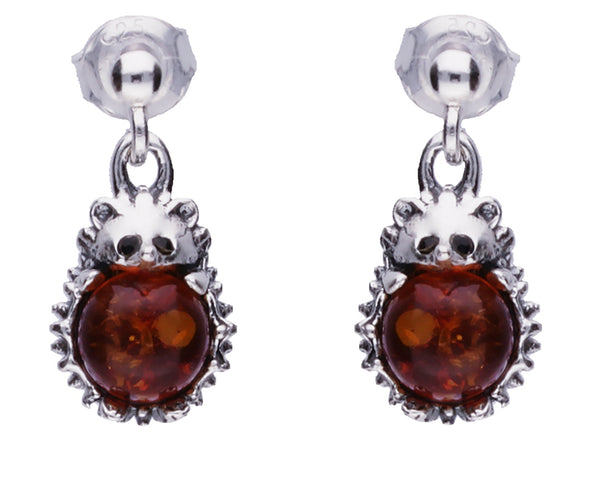 Genuine Baltic Amber - Hedgehog earrings - 925 Sterling Silver