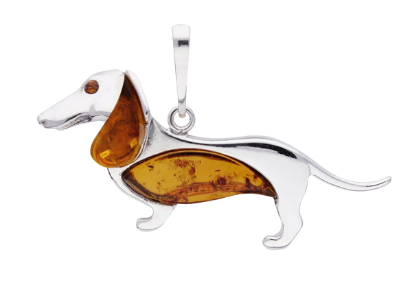Genuine Baltic Amber Dachshund Dog Pendent - 925 Sterling Silver