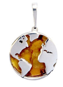 Genuine Baltic Amber - World Pendent - 925 Sterling Silver