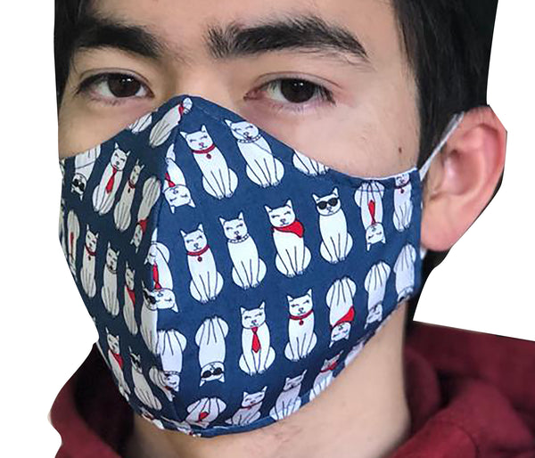 Homemade Cotton Face Mask - 1x Navy Cat Mask + 1x Free Random Design mask