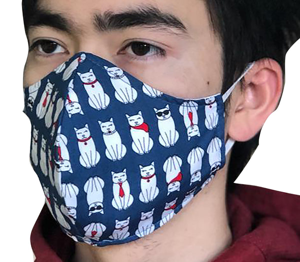 Homemade Cotton Face Mask - 1x Navy Cat Mask + 1x Free Random Design mask