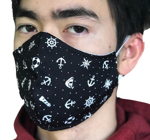 Homemade Cotton Face Mask - 1x Black Nautical Mask + 1x Free Random Design mask