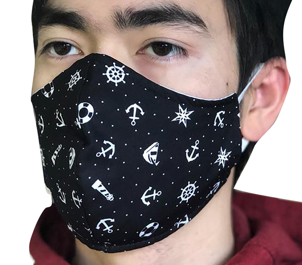 Homemade Cotton Face Mask - 1x Black Nautical Mask + 1x Free Random Design mask