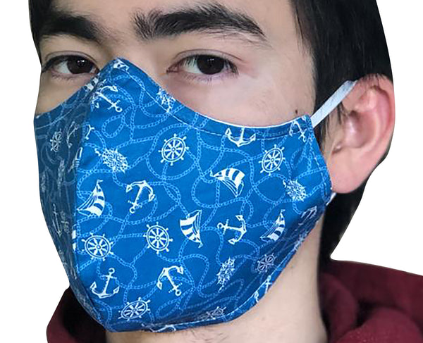 Homemade Cotton Face Mask - 1x Blue Nautical Mask + 1x Free Random Design mask
