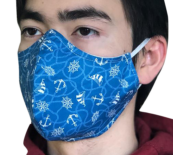 Homemade Cotton Face Mask - 1x Blue Nautical Mask + 1x Free Random Design mask