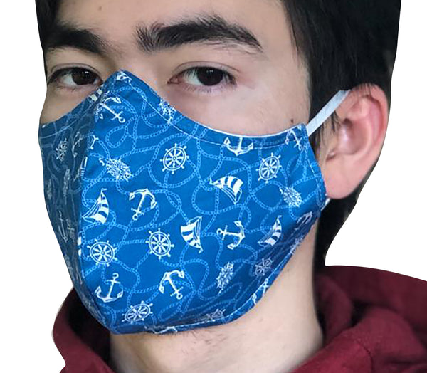 Homemade Cotton Face Mask - 1x Blue Nautical Mask + 1x Free Random Design mask